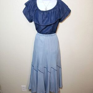 Blue Off-the-Shoulder Ruffle Swing Top